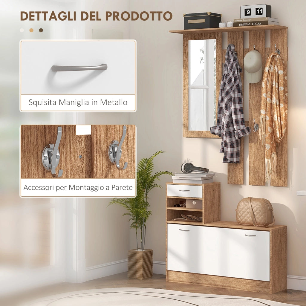 Mobile Appendiabiti 3 in 1 con Scarpiera e Specchio, Ganci e Cassetti, in Legno, 90x24x177 cm, Bianco e Noce