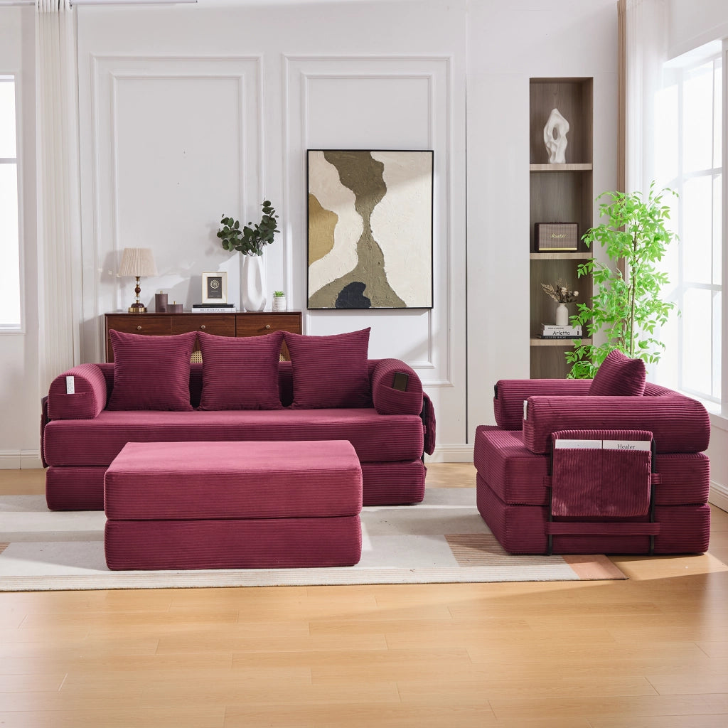 Divano modulare 3 posti - con tasca laterale e cuscini - in corduroy bordeaux
