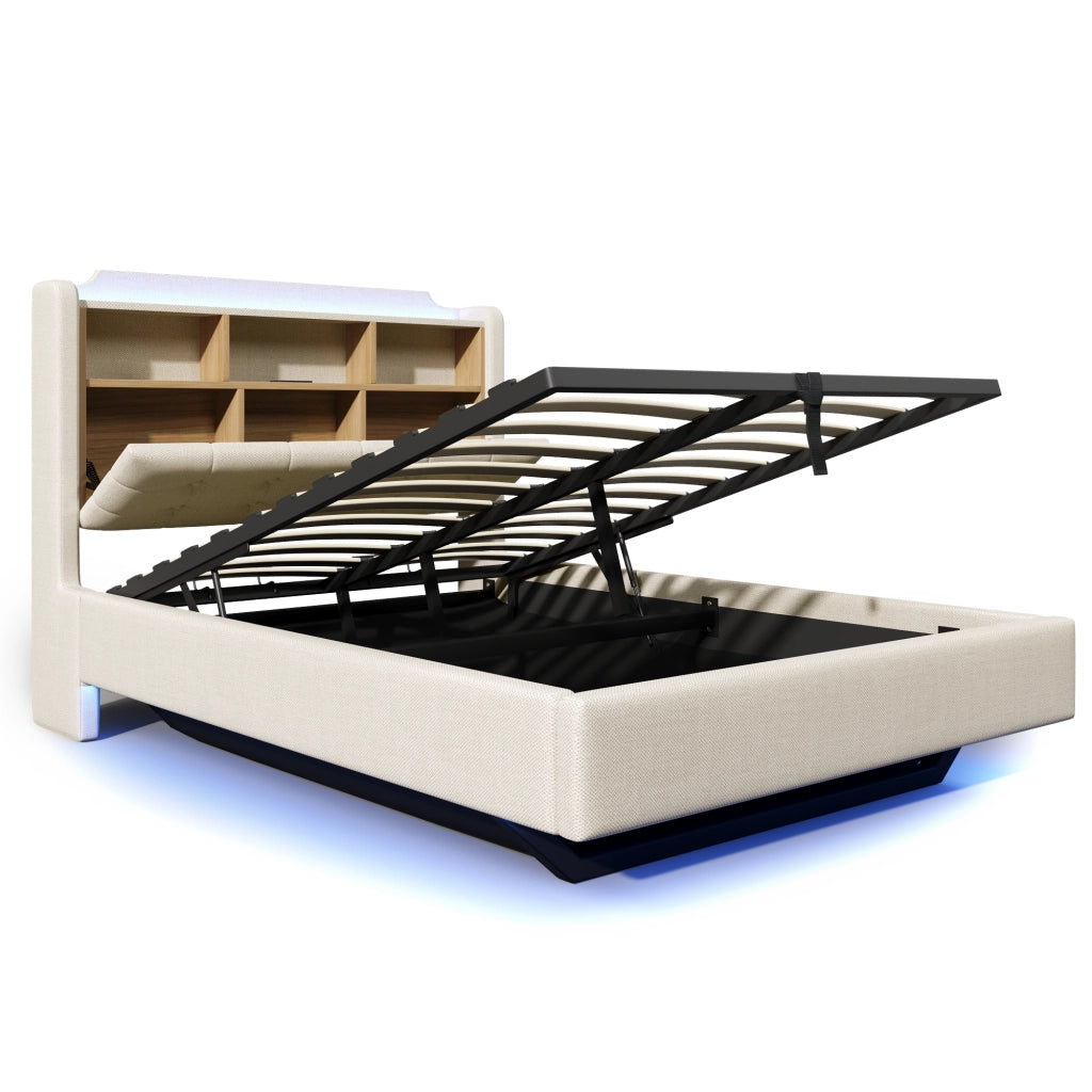 Letto imbottito 140x200 con contenitore idraulico; LED; lino beige e prese USB e Tipo-C
