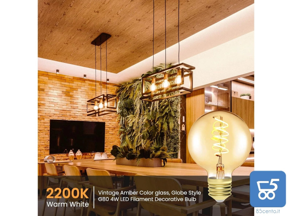 2 pz Lampadina G80 a Vite Edison 4W E27 Filamento LED Vintage Bianco caldo 2200K Vetro ambrato 380LM a Spirale Retrò