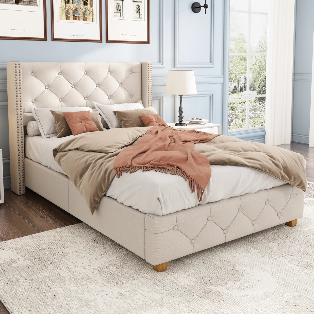 OKWISH Letto Singolo 90×200 cm, Letto per ragazzi con Testiera imbottita, Borchie decorative e 12 Doghe, senza Materasso, in Lino, Beige