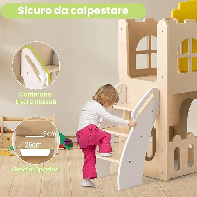 7 in 1 Set da Scivolo per Bambini, Parco Giochi in Legno Interno ed Esterno con Arrampicata Canestro da Basket Corridoio Tunnel, Forma di Castello per Bambini 3 Anni +