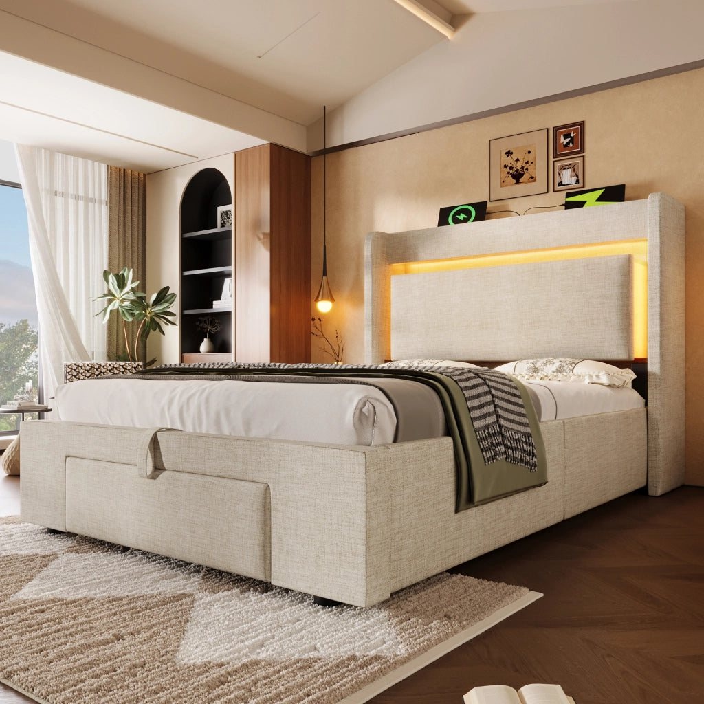 Letto imbottito 90x200 cm con contenitore idraulico; LED; USB e USB-C; beige; con materasso