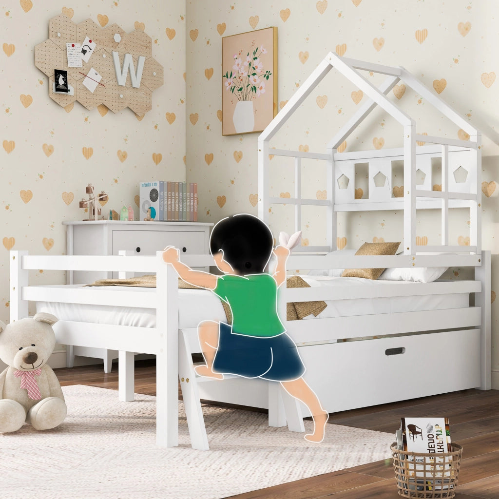 Letto a castello bianco con scala e cassetti in legno massello di pino 90x200 cm
