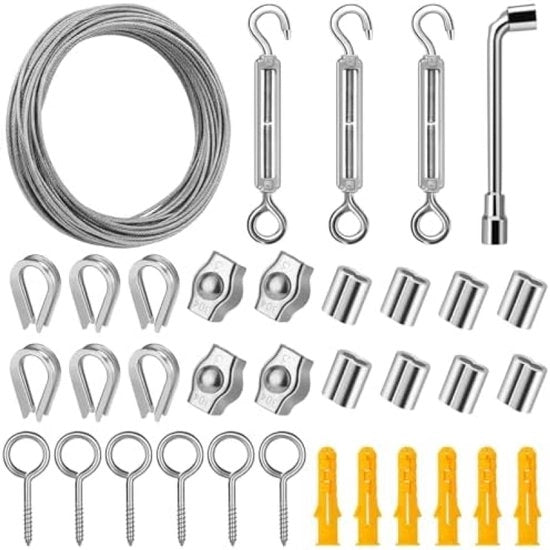 Cavo in acciaio inossidabile 20 metri, 2 mm di diametro, rivestimento PVC, per supporto di corda, filo di risciacquo, asse da stendere e altro - Set completo con accessori