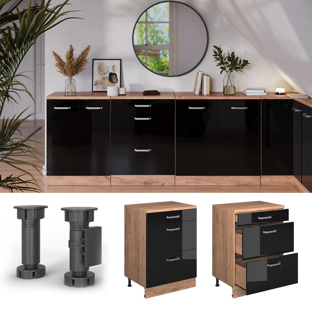Mobile per mansarda Rion Nero lucido/Rovere dorato 60 x 83.8 cm senza inclinazione con 3 cassetti Vicco
