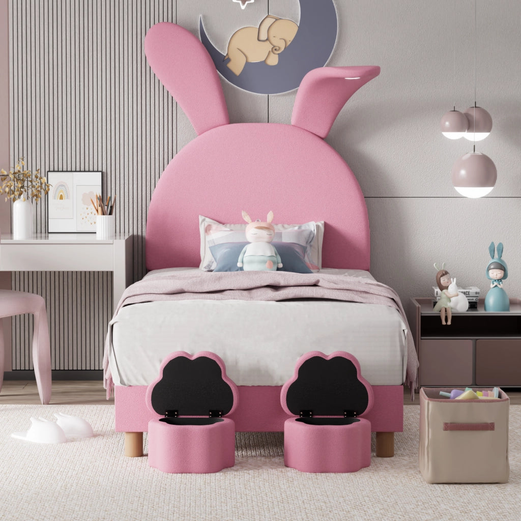 Letto Singolo 90x200 cm; con 2 bauli; LED e orecchie pieghevoli - in velluto rosa