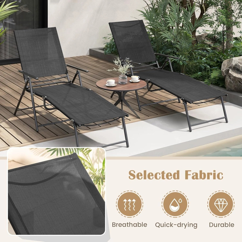 Set di 2 Sedie a Sdraio Pieghevolecon Schienale Regolabile e Poggiapiedi, Capacità di Carico 150 kg, Lettino Prendisole da Giardino Ideali per Patio, Giardino e Piscina, Nero