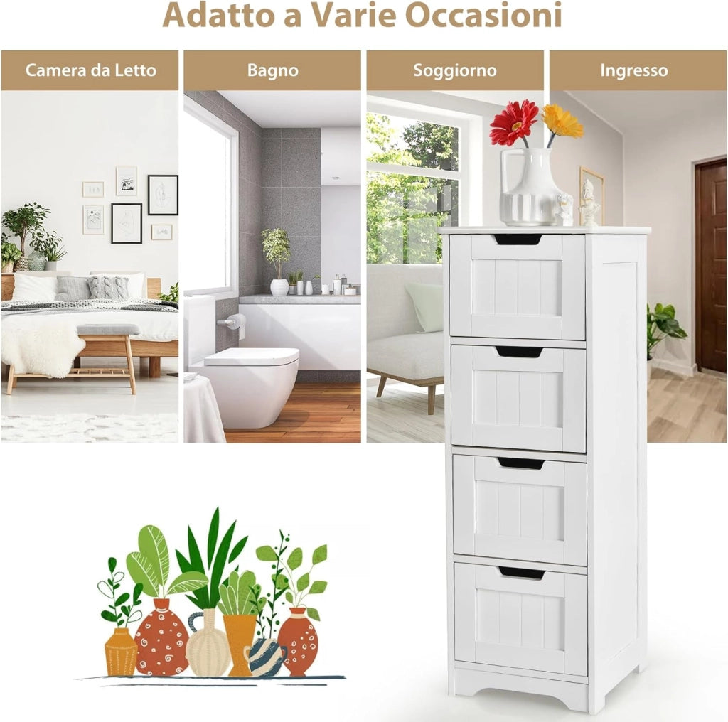 Mobile da Bagno con 4 Cassetti, Mobile Autoportante da Terra per Bagno, Mobiletto Multiuso da Soggiorno Cucina Camera da Letto Ufficio, Stile Moderno, Bianco, 30 x 30 x 83 cm