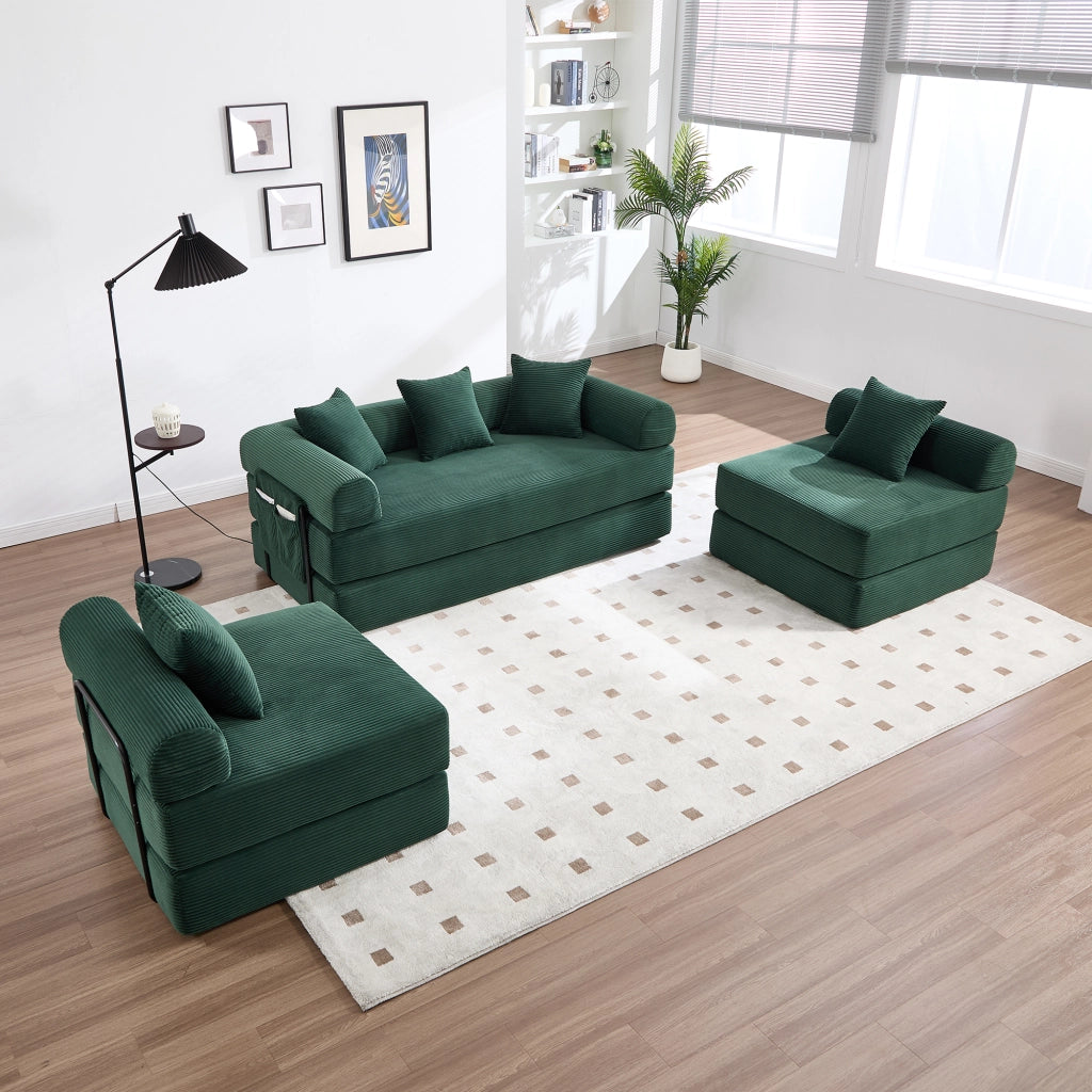 Divano modulare convertibile con tasca laterale, in velluto a coste, Verde Smeraldo, 270 × 180 × 64 cm
