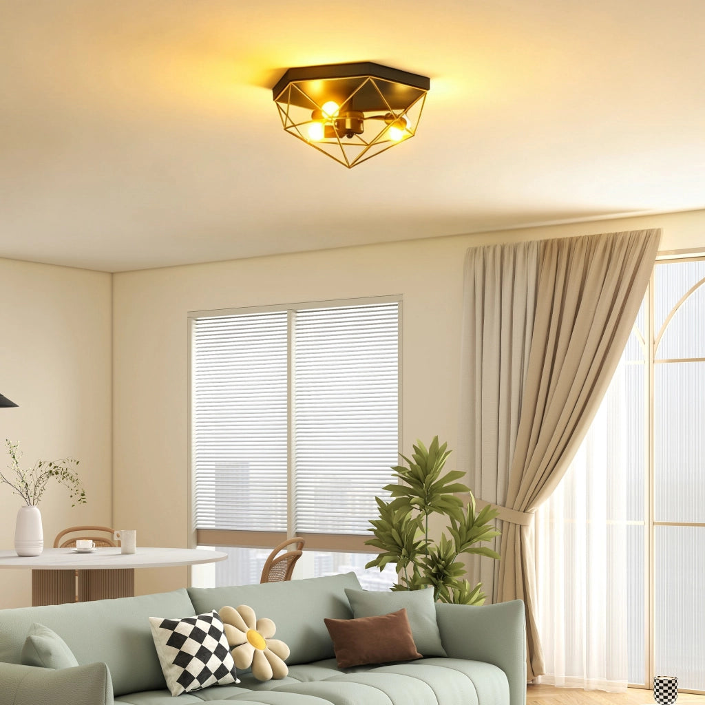 Lampada da Soffitto Stile Industriale Geometrica con 3 Attacchi E27 per Lampadine LED, Nero e Oro