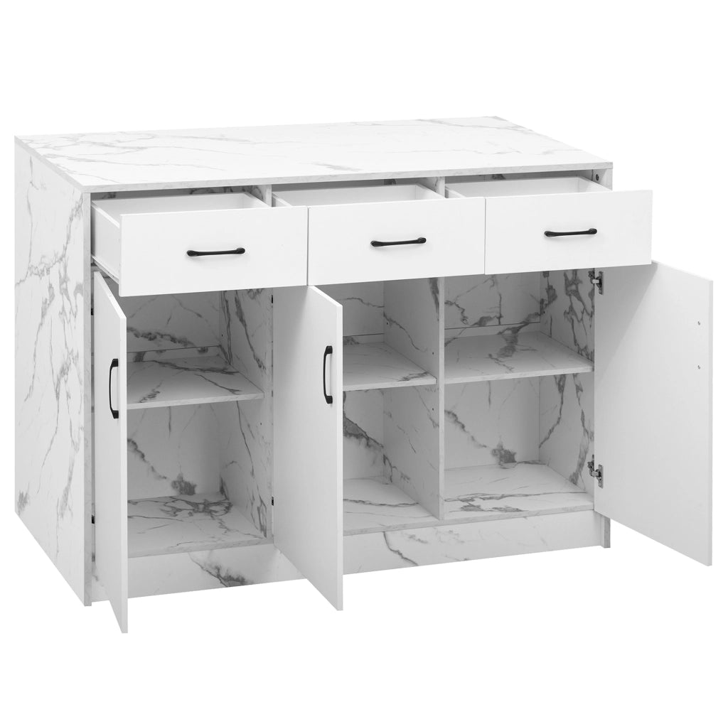 Isola da cucina 120x60x90.5 cm con bar integrato; 3 cassetti e 3 ante; MDF bianco marmo