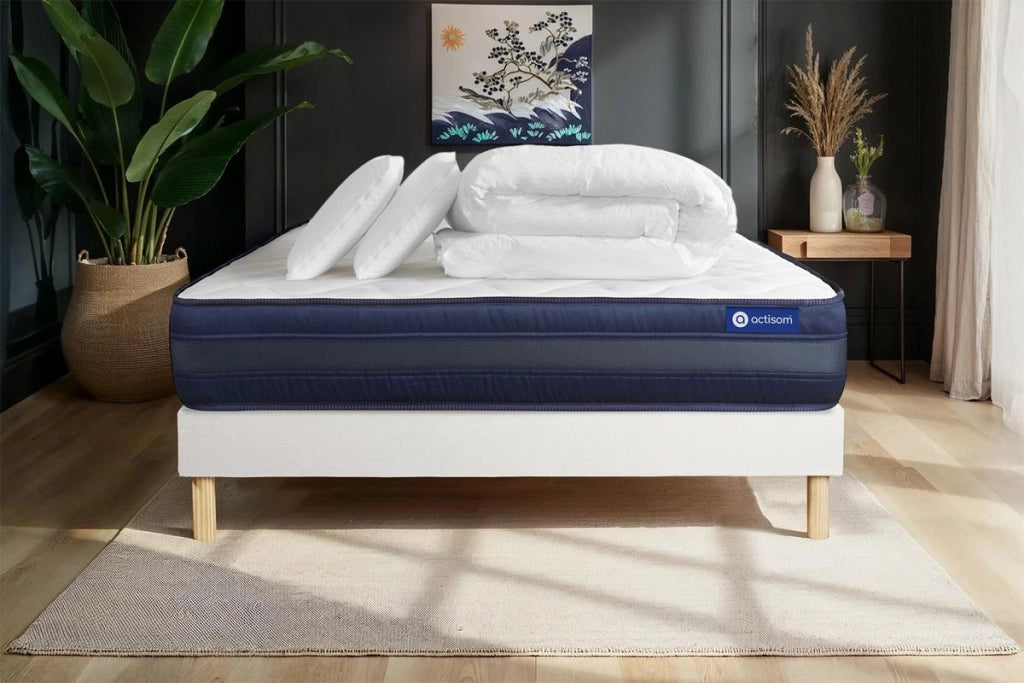 Pacchetto letto completo - Materasso 140x190cm + Box spring con doghe (kit) + 2 cuscini + Piumino - Actilatex Tech
