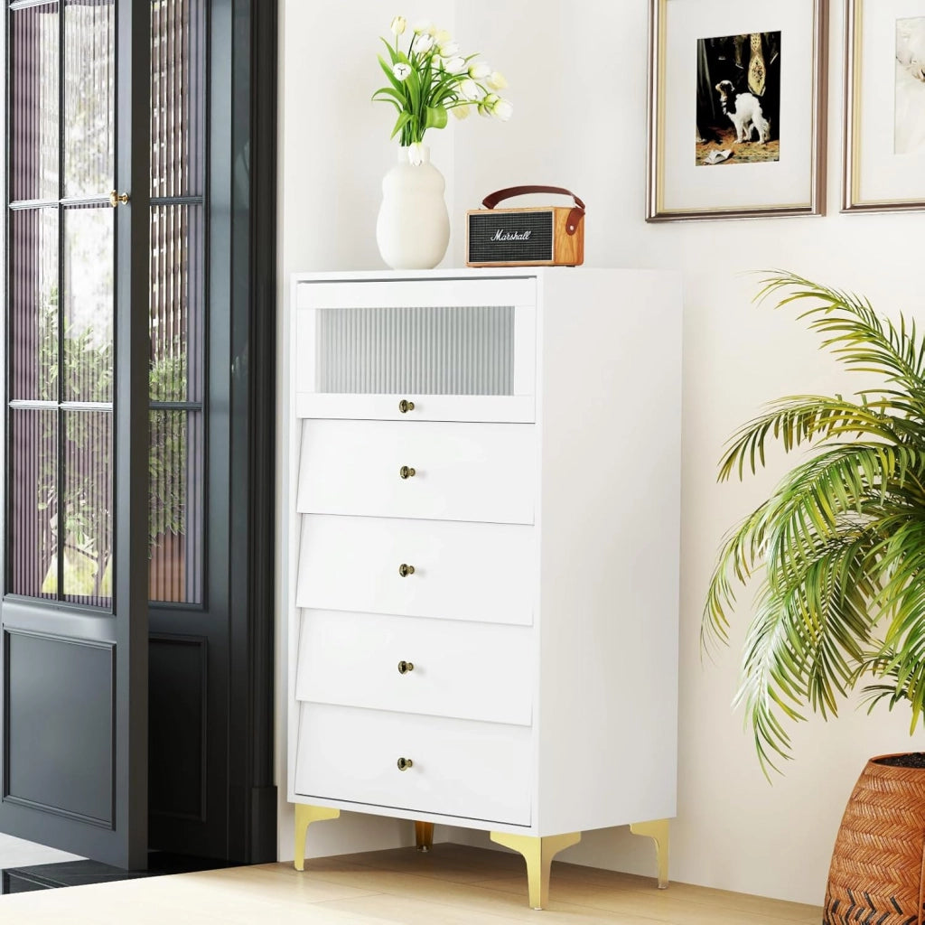 Cassettiera con 4 cassetti e porta in vetro apribile, credenza in legno con gambe in metallo, armadietto da pavimento autoportante con protezione antiribaltamento, moderno mobile da soggiorno