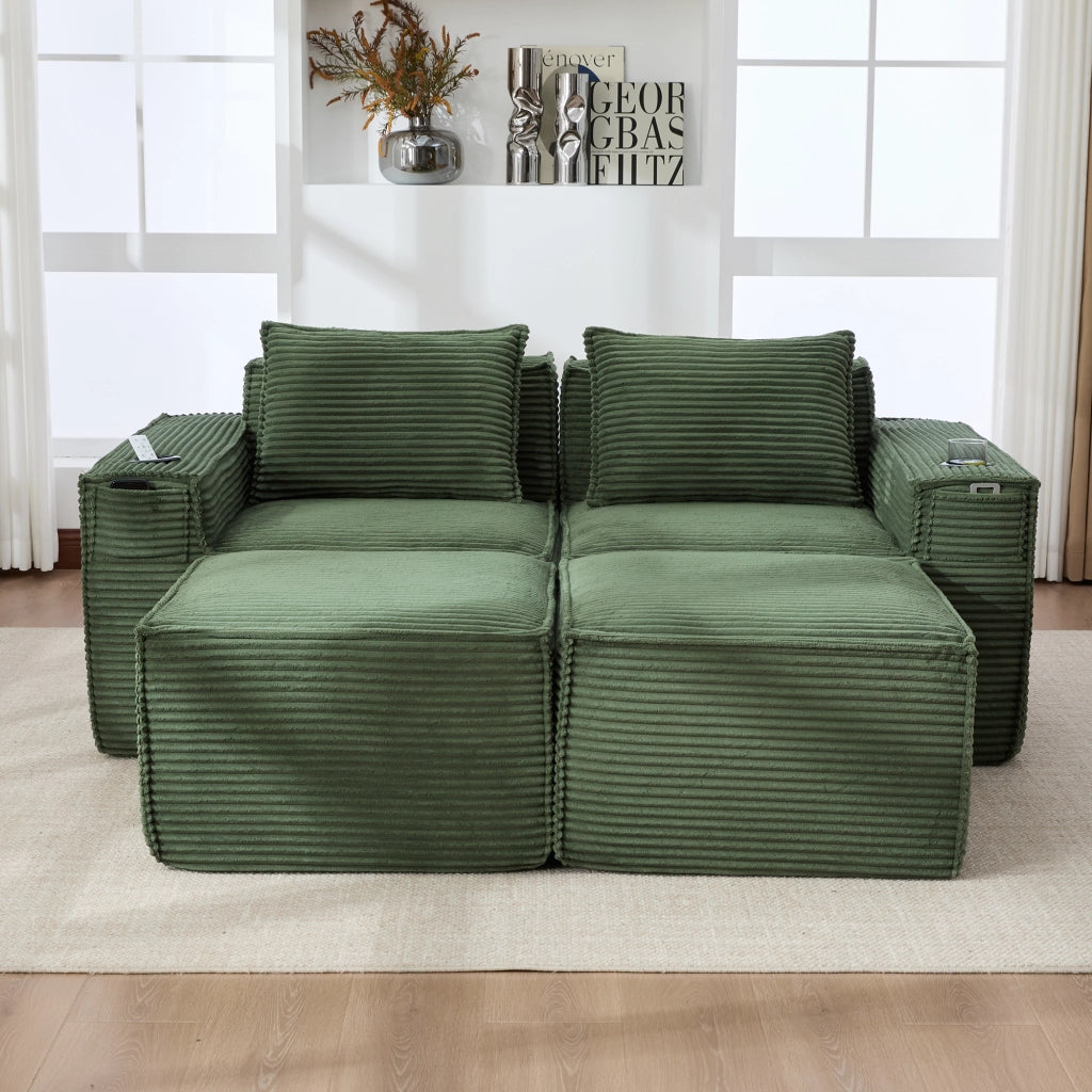 Divano modulare a 2 posti in tessuto effetto corda con portabicchieri e tasche laterali verde 188 × 162 × 75 cm
