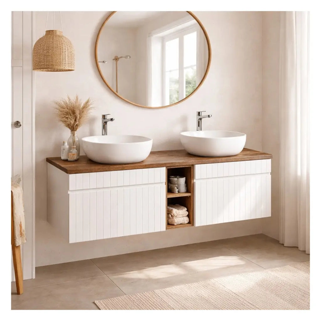 Set ICON bianco: mobili sotto lavabo 140cm con nicchie visibili + piano per lavabo + due lavabi da appoggio bianchi