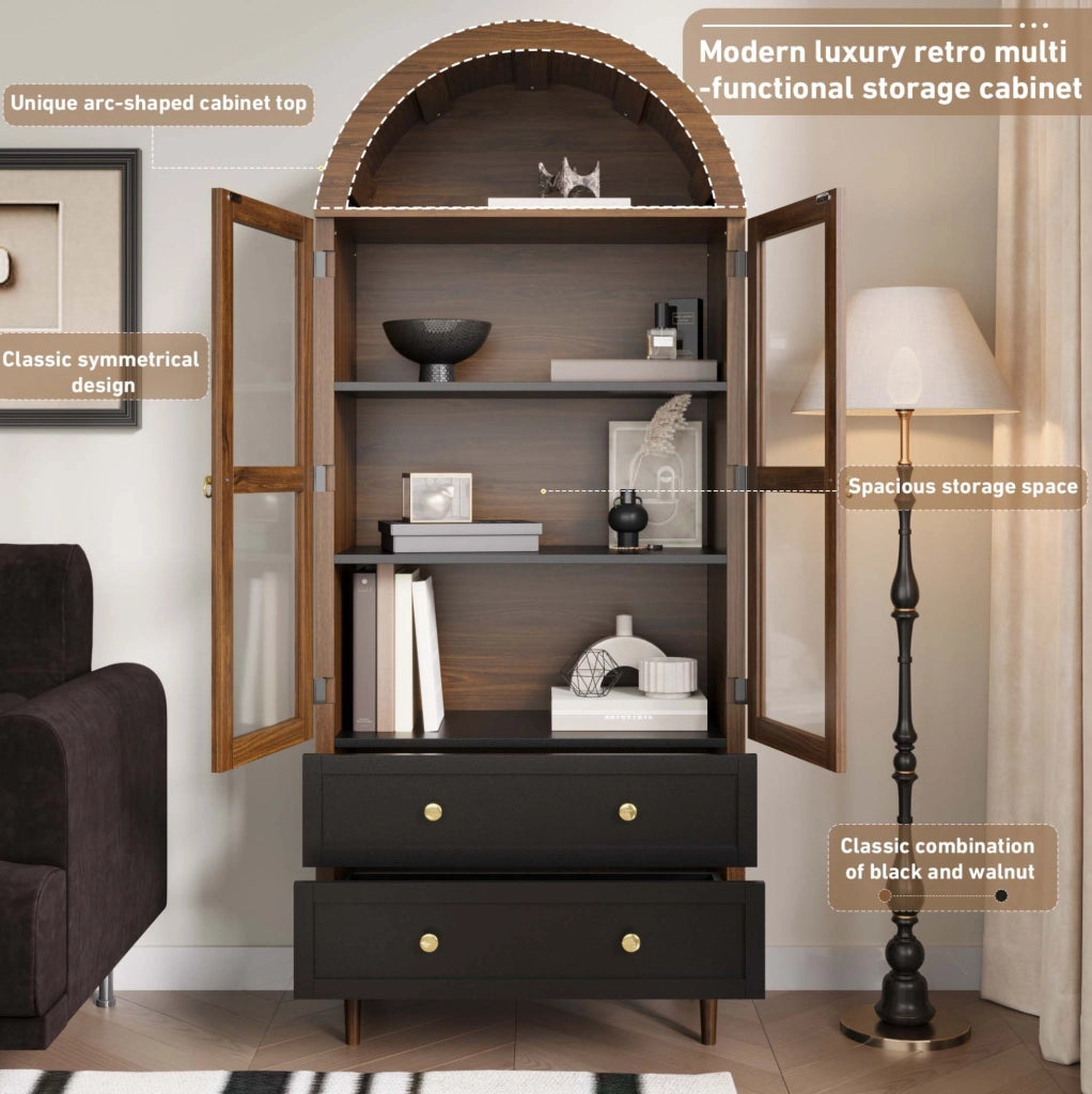 Sideboard con ripiani regolabili 70x38x165 cm in MDF e vetro colore noce