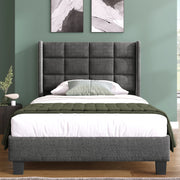 Letto singolo imbottito 90x200 cm in lino grigio con rete e materasso a molle insacchettate