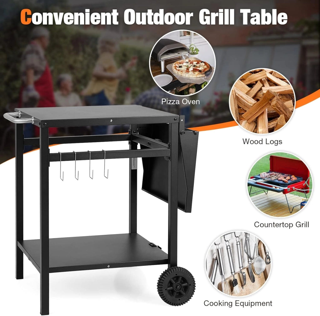 Tavolo da Barbecue con Piano di Lavoro Pieghevole, Tavolo da Campeggio con Ruote e 2 Ripiani e 4 Ganci, Carrello da Cucina in Metallo, Nero
