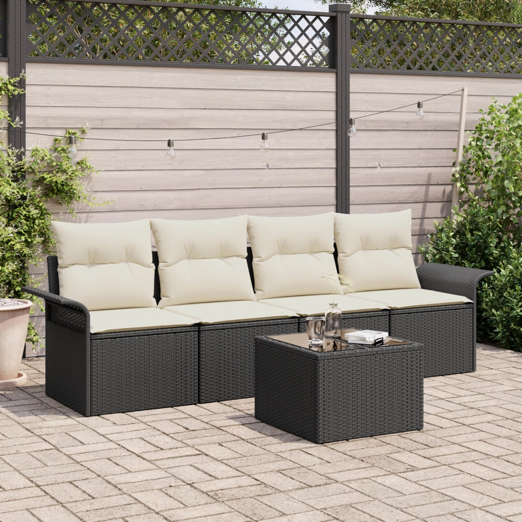 Set di divani da giardino a 5 pezzi con cuscini in rattan nero