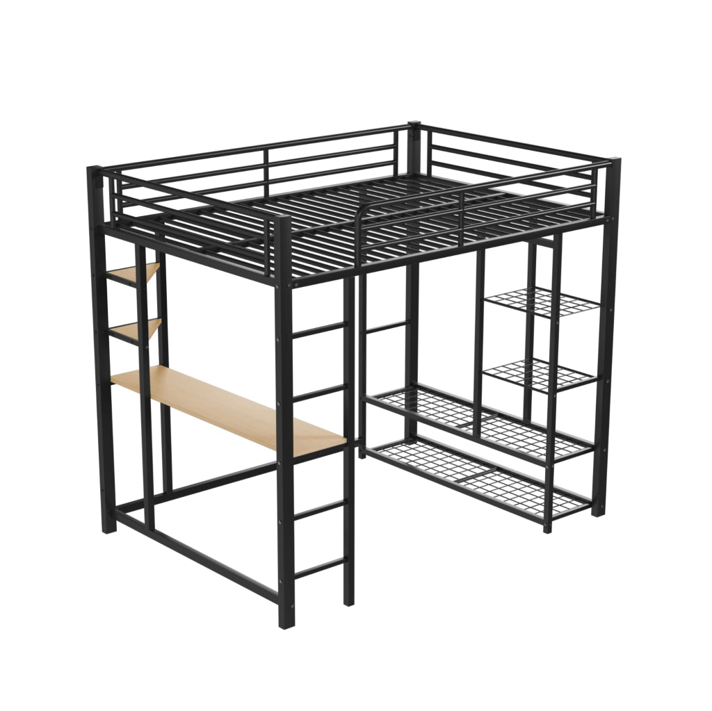 Letto a soppalco in metallo 140x200 cm con scrivania; armadio e ripiani; nero