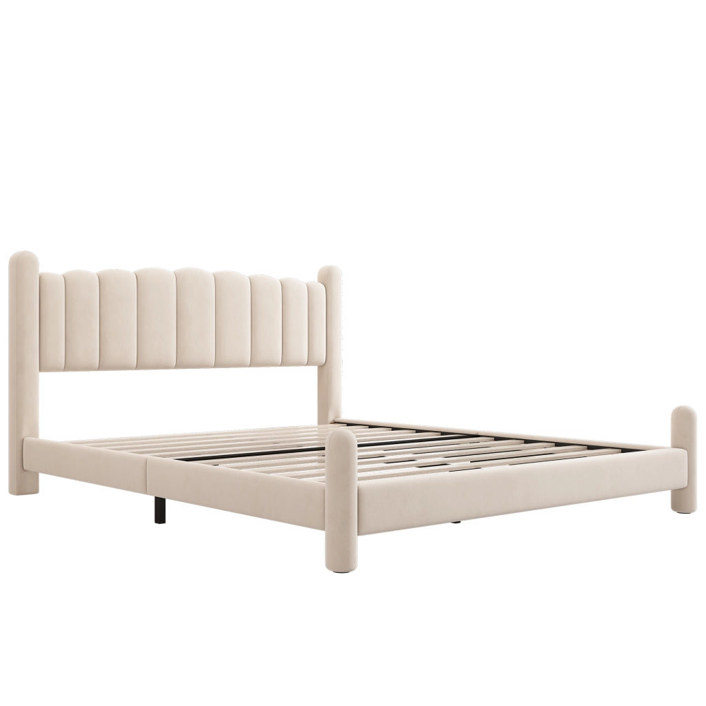 OKWISH Letto Imbottito 160×200 cm, Letto Matrimoniale con Testiera Ondulata e Gambe Cilindriche, senza Materasso, in Velluto, Beige