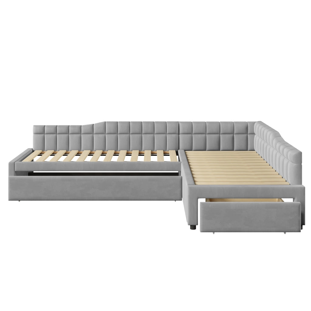 Letto combinato a L 90 × 200 cm con letto estraibile, 2 cassetti, senza materasso, in flanella grigio