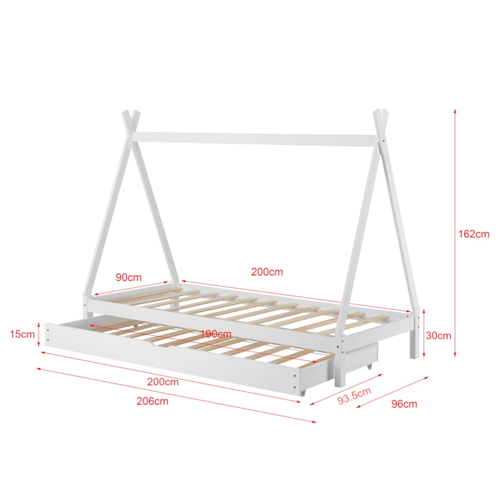 Lettino a Forma di Tenda 90 x 200 cm con Secondo Letto Estraibile 90 x 190 cm Lettino Montessori Lettino Tipi in Legno con 2 Posti Letti - Bianco