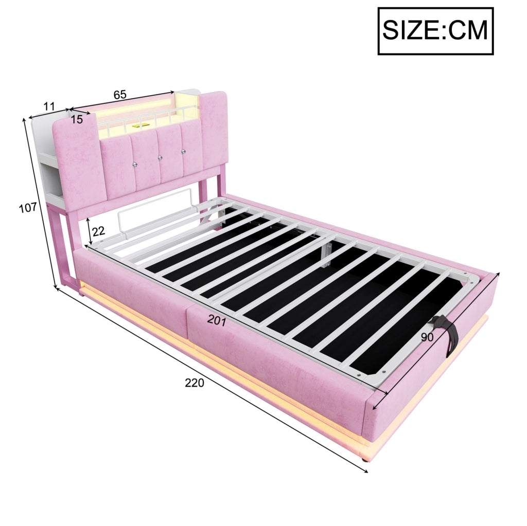 Letto singolo imbottito ULEVR 90x200 cm con contenitore idraulico, LED e USB, velluto rosa