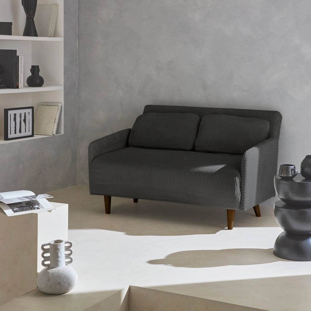 Divano letto in velluto a coste con gambe in legno, 2 posti, grigio