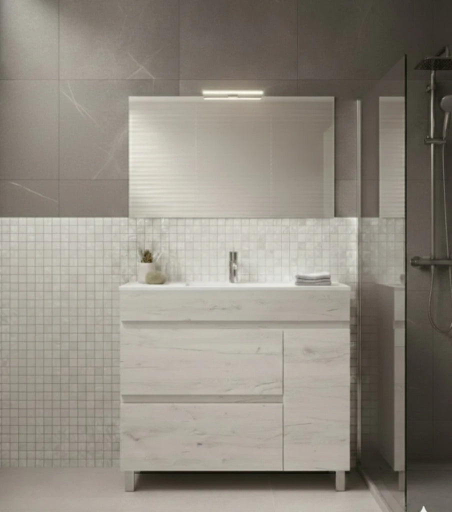 Mobile Bagno FENRIR Già Montato 2 cassetti e porta con piedini, lavabo e specchio Bianco nordico 70x40 cm