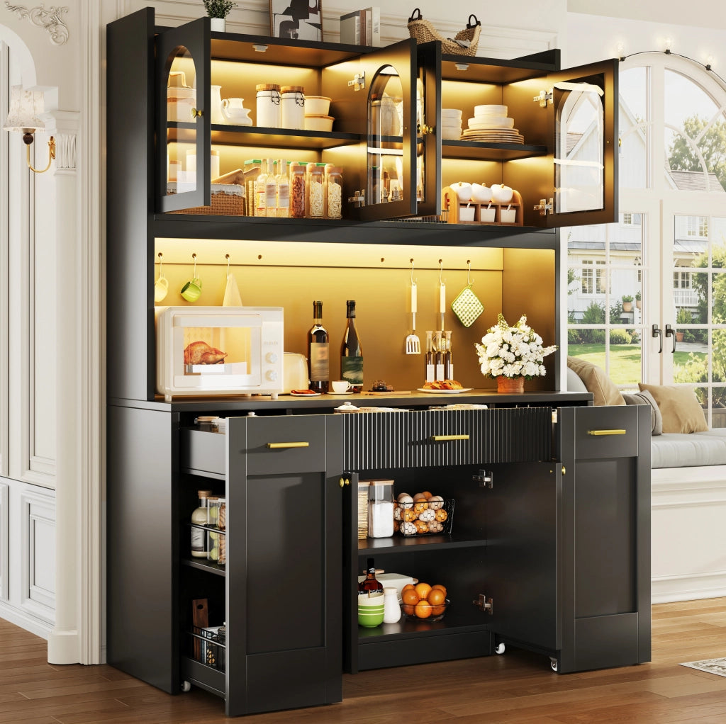 Colonna cucina 120 cm nera con LED RGB e ripiani estraibili