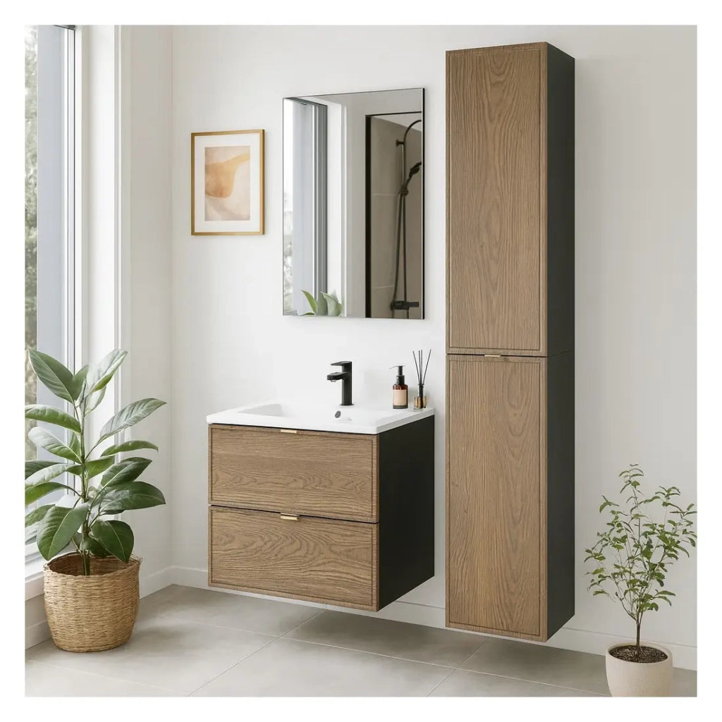 Set da bagno SAVIA: mobile sotto lavabo 60cm + lavabo da incasso bianco + mobili da stoccaggio