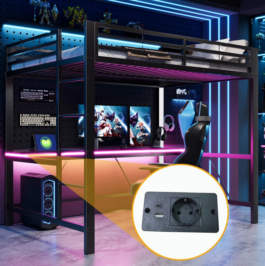 Letto a soppalco gaming 140x200 con LED, scrivania, nero