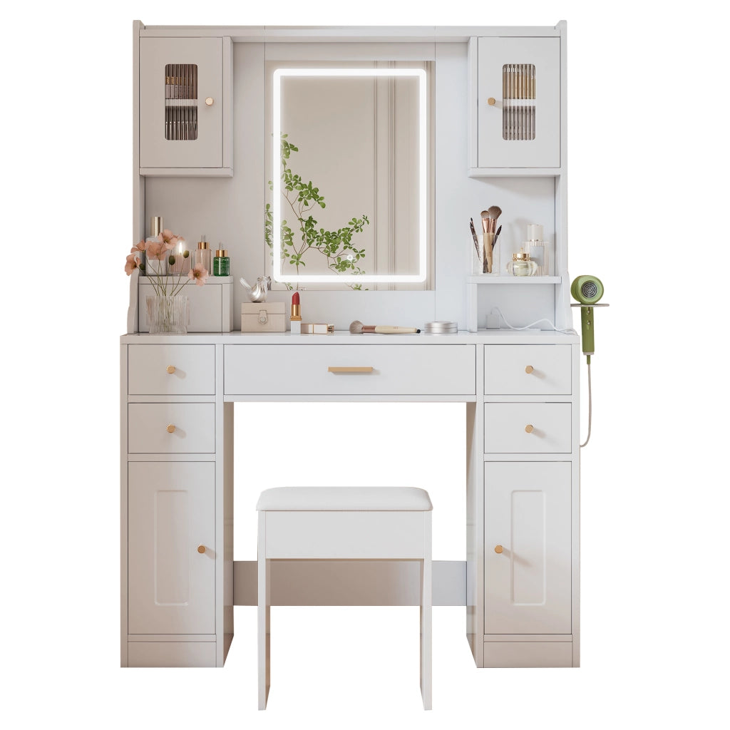 Scrivania Toeletta con Specchio LED, 6 Cassetti e 4 Porte ¨C MINIMAL ¨C Bianco, 105x152x40 cm