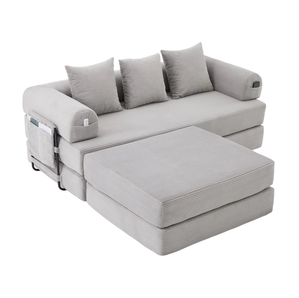 Sof脿 modulare in corduroy con pouf 200x190x67 cm; grigio chiaro