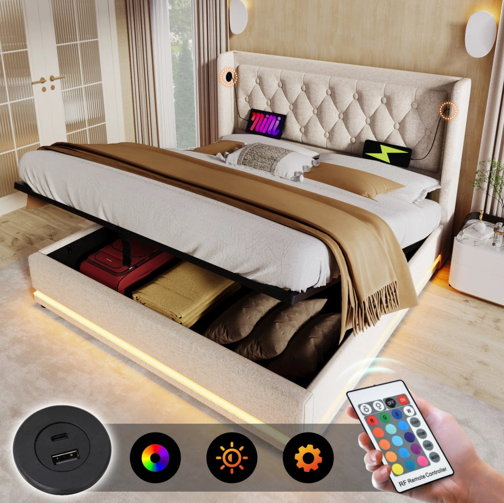 Letto imbottito contenitore beige 160 x 200 cm con LED e ricarica USB Type-C