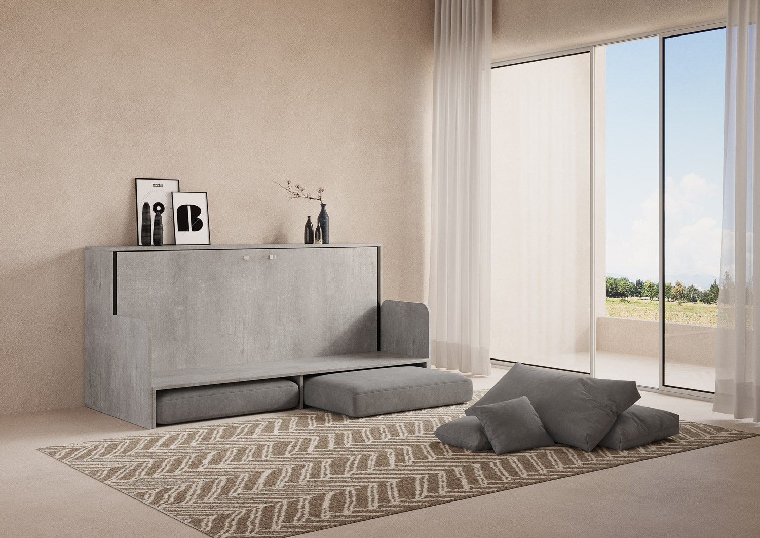 Letto Singolo A Scomparsa Kando Con Divano Cemento e Grigio