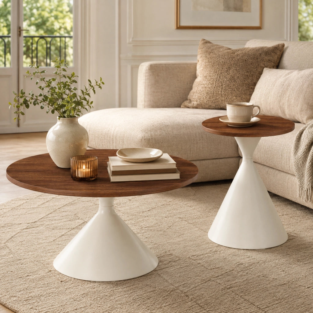 Set di 2 tavolini rotondi ?70x40 e ?50x50 cm in MDF effetto noce e metallo crema