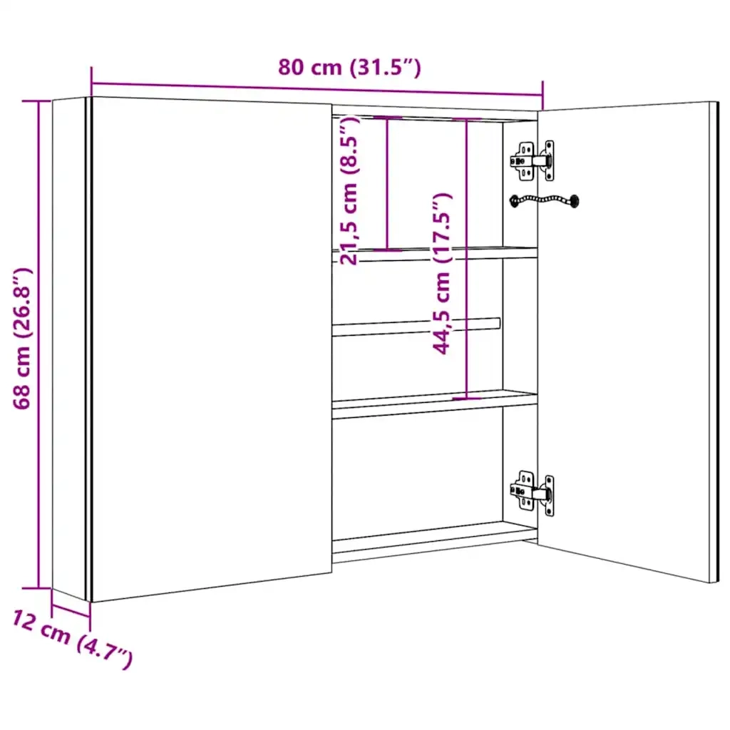 Armadietto Bagno con Specchio e LED 80x12,2x68 cm 325545
