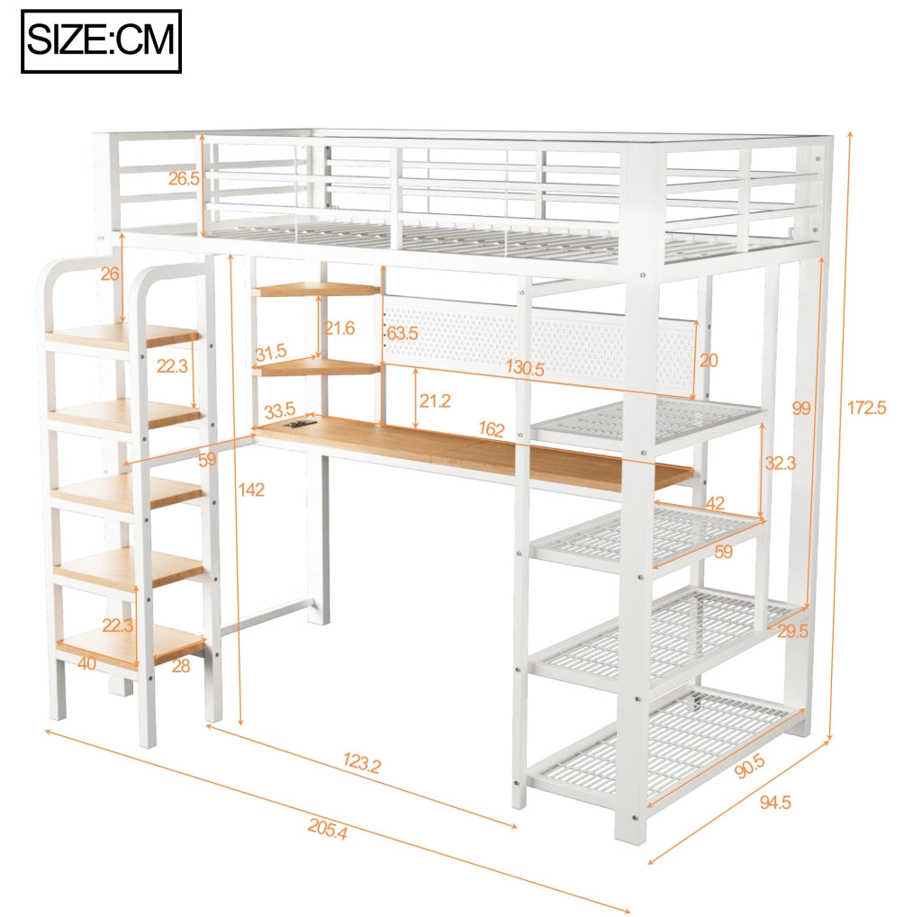 Letto a soppalco ULEVR 90x200 cm con scrivania, LED multicolore, prese integrate e ripiani, bianco