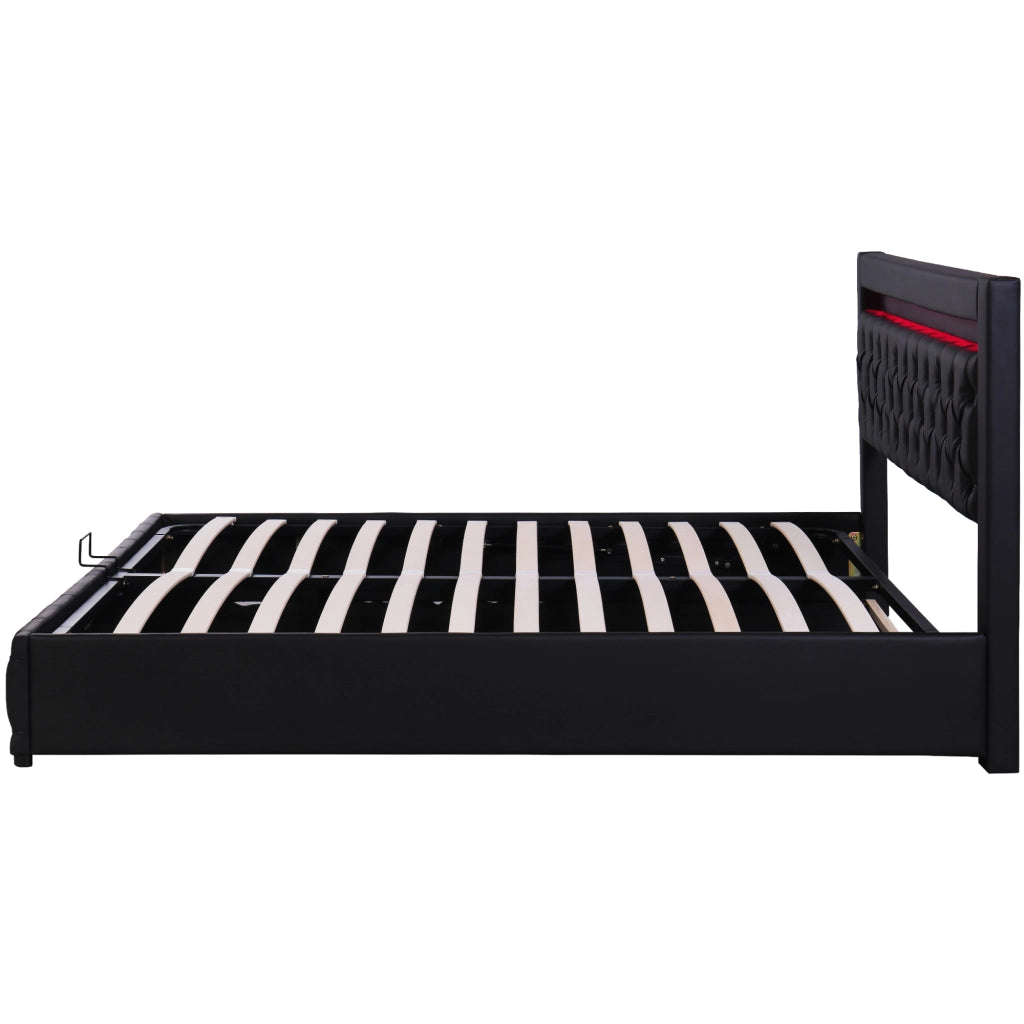 Letti contenitori 140x190 cm con contenitore e LED; PU nero (Senza materasso)