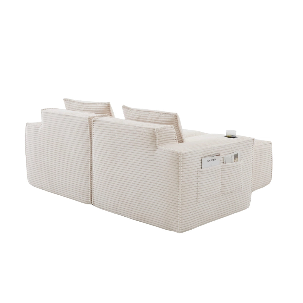 Divano modulare 2 posti in tessuto a coste con portabicchieri e tasche laterali beige 188 × 162 × 75 cm