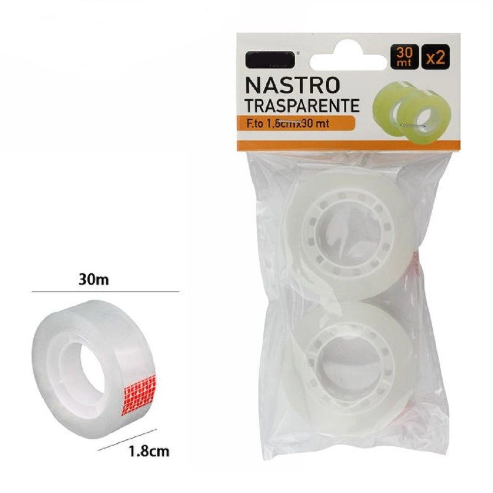 Trade Shop - Set 2 Pezzi Rotolo Nastro Adesivo Trasparente Piccolo 1,8 Cm X 30 Metri 69807 -
