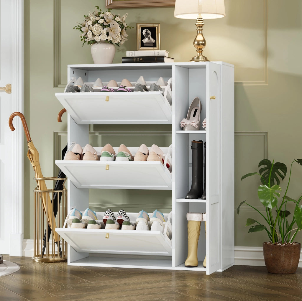 Scarpiera stretta a 3 ribalte e 1 anta; 90x25x114 cm; bianco