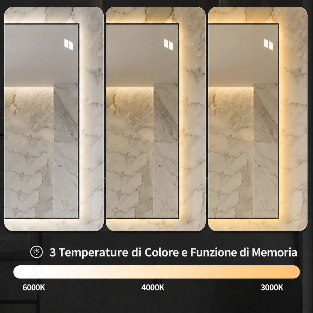 Specchio bagno led 50x70 cm retroilluminato con cornice in alluminio; antiappannamento