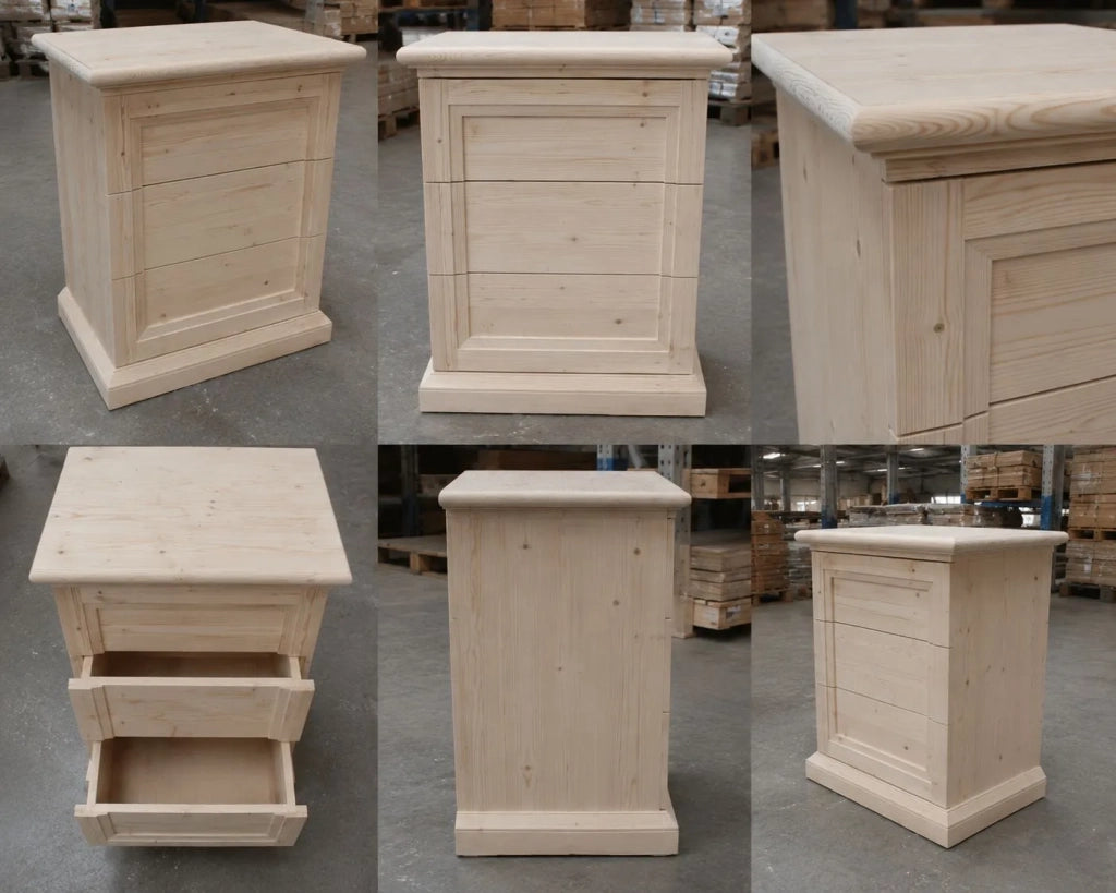 Comodino classico 3 cassetti legno massello abete grezzo 55x39x64 (3359) - Mobili 2G