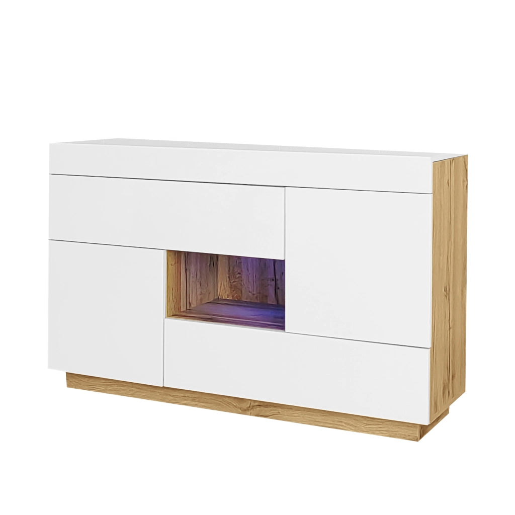 Credenza bianca con LED RGB, 2 ante e 2 cassetti, 120 cm