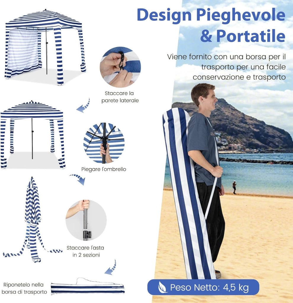 Tenda da Spiaggia Pieghevole 183 x 183 cm, Tenda da Mare con Borsa di Trasporto, Parete Removibile e 8 Tasche per Sabbia, per Spiaggia, Campeggio e Picnic (Blu e Bianco, 183 x 183 cm)