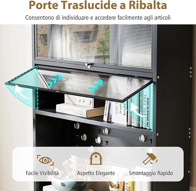 Credenza Alta per Cucina con 6 Ripiani e 4 Ante a Ribalta Traslucide, Mobile Cucina con Ruote e Panello a Ganci, Armadio Cucina Porta Microonde (80 x 40 x 178 cm,Nero)